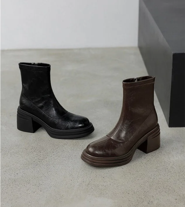 Versatile high heel thick heel elastic skinny boots new style rear zipper short boots soft sole