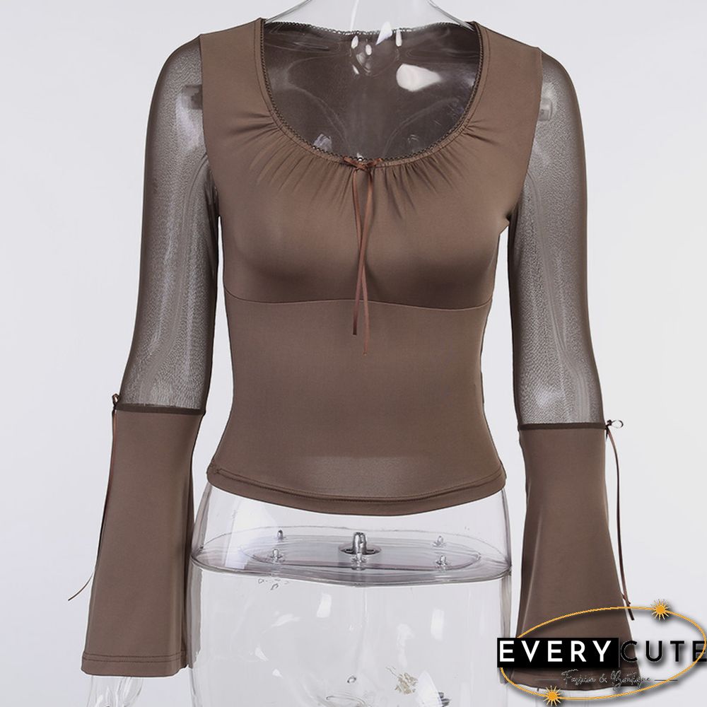 Women Flare Full Sleeve Tshirt Slim Elegant Slim Mesh Patchwork Transparent High Street Vintage T Shirt Femme Tops