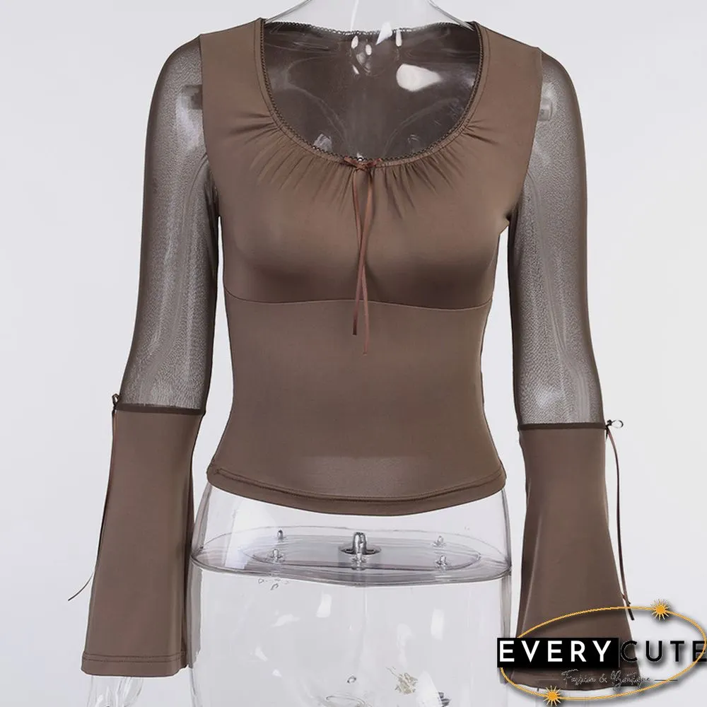 Women Flare Full Sleeve Tshirt Slim Elegant Slim Mesh Patchwork Transparent High Street Vintage T Shirt Femme Tops