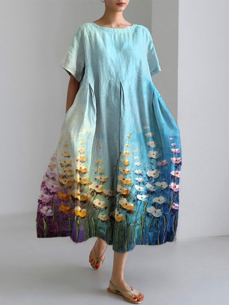 Colorful Flowers Oil Painting Art Print Cotton Linen Dress