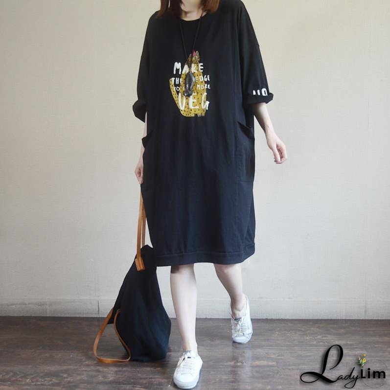 Fashion Round Neck Casual Printed Cotton Dress