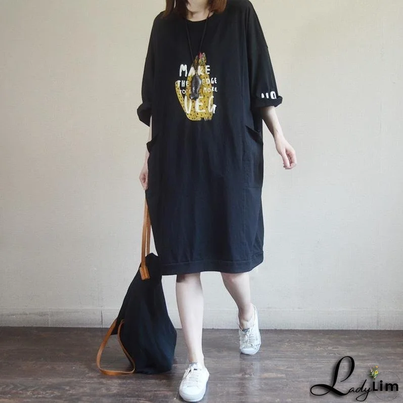 Fashion Round Neck Casual Printed Cotton Dress