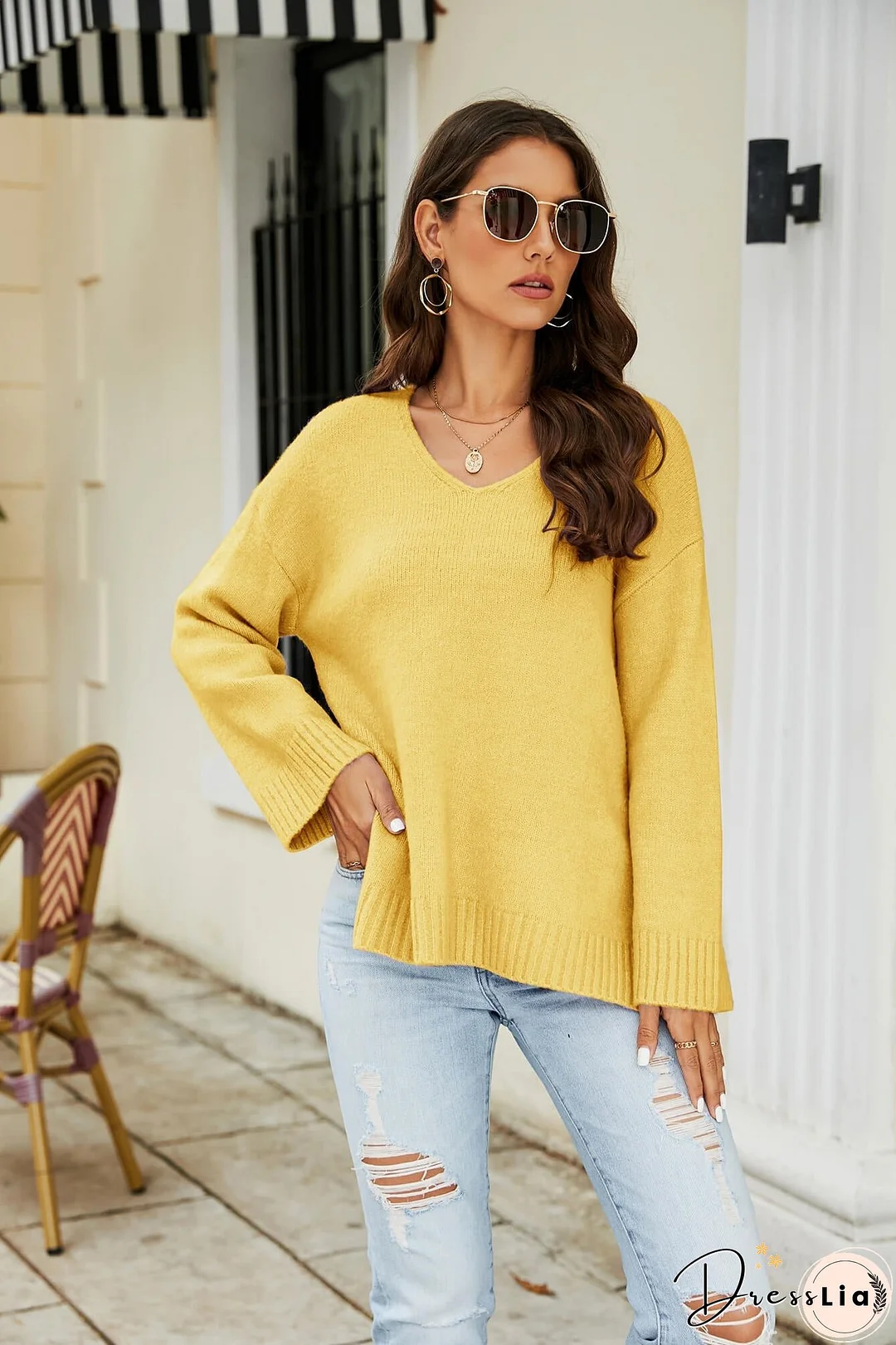 Drop Shoulder V-Neck Knit Pullover