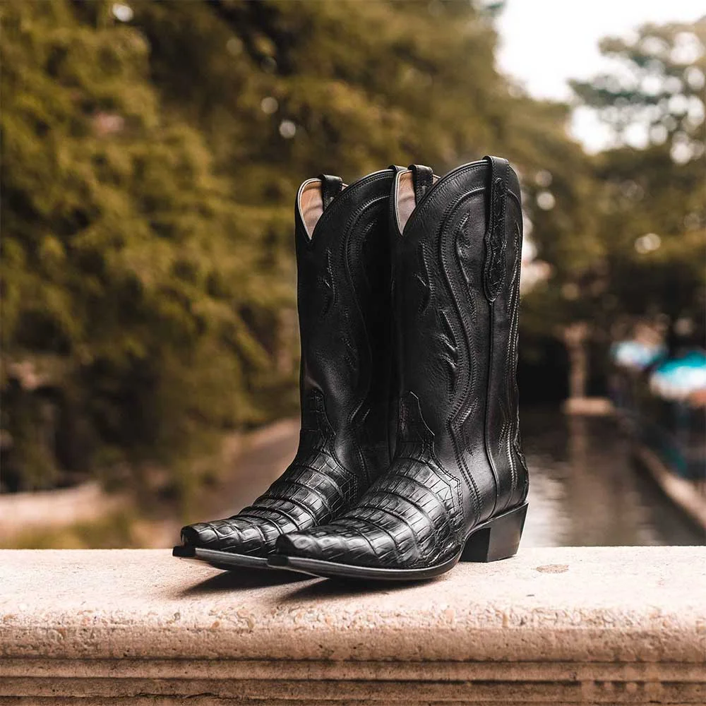 Black Snip Toe Mid Calf Croc Embossed Cowgirl Boots with Stitch