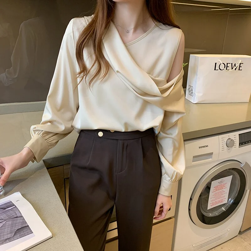 Spring Autumn Elegant Satin Blouse Women Off-Shoulder Long Sleeve V-Neck Slim Chiffon Blouse Solid OL Tops Chemisier Femme 11202