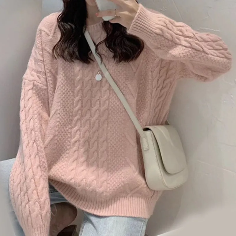Churchf Churchf Thick Twist Pure Color Loose Sweater Female Autumn Dong New Round Collar Lazy Wind Sweater Jacket