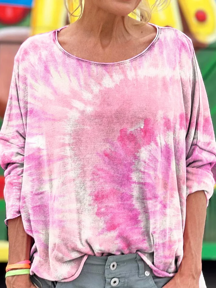 Colorful Tie-dye Hippie Print Loose Round Neck Women's Long Sleeve T-Shirt