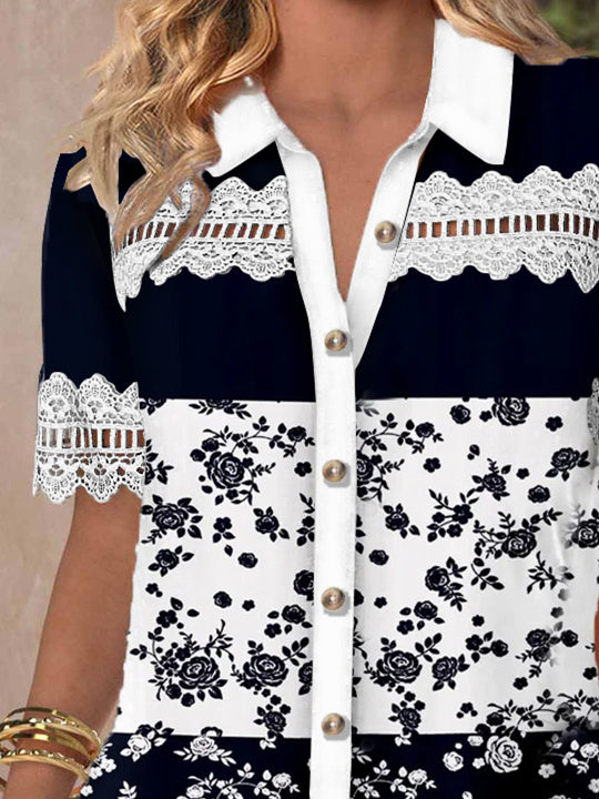 Women's Short Sleeve V-neck Lace Stitching Hollow Graphic Top