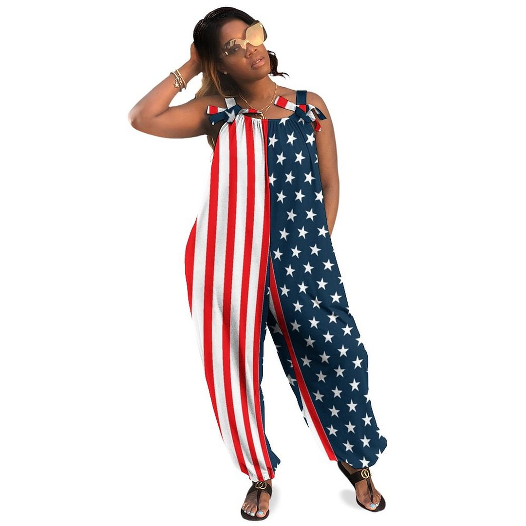 American Flag The Stars And Stripes Bohemian Jumpsuit Vintage Vibrant Pantsuit Wide Leg Women Romper - neewho