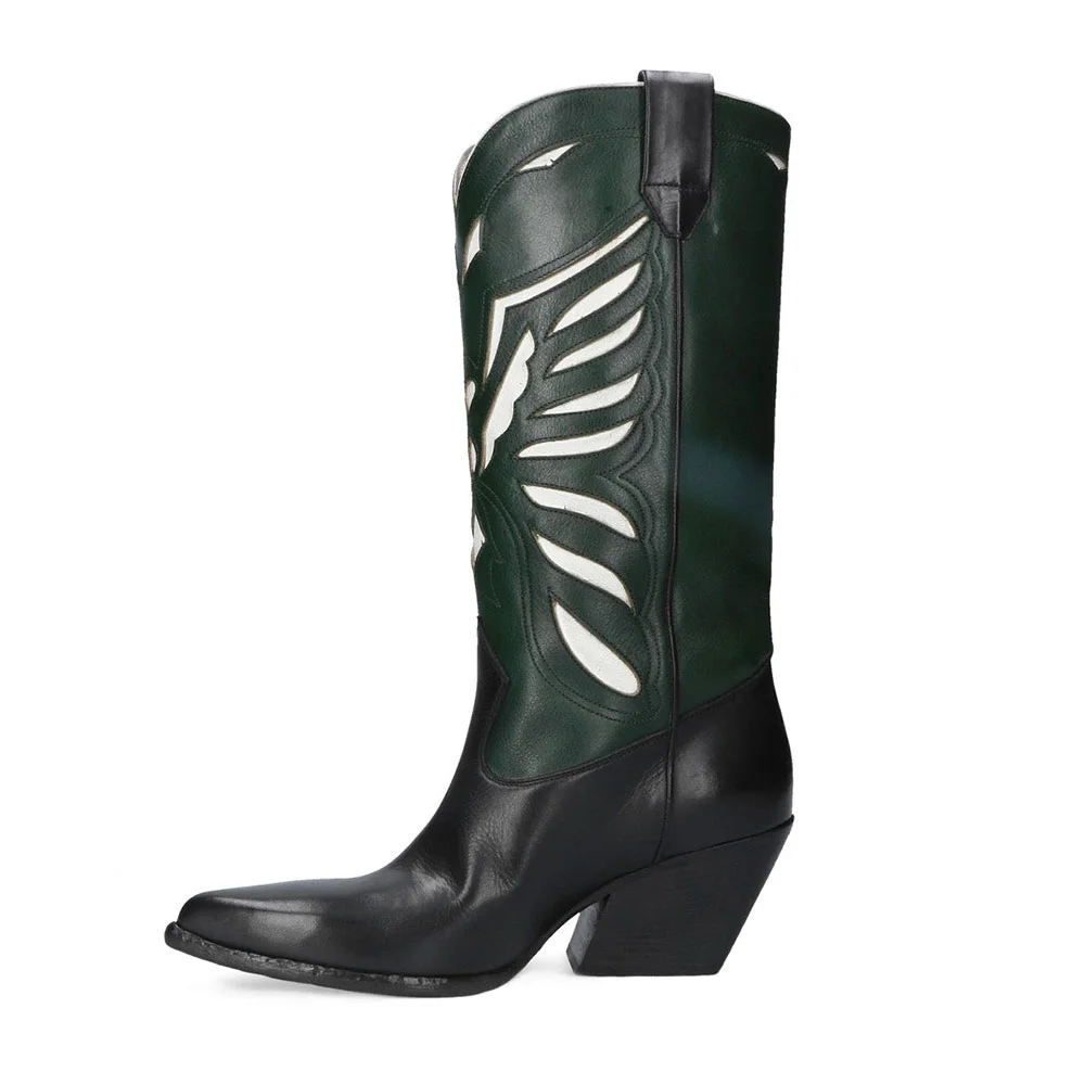 Black & Green Pointed Toe Decorative Inlay Stitching Cowgirl Boots