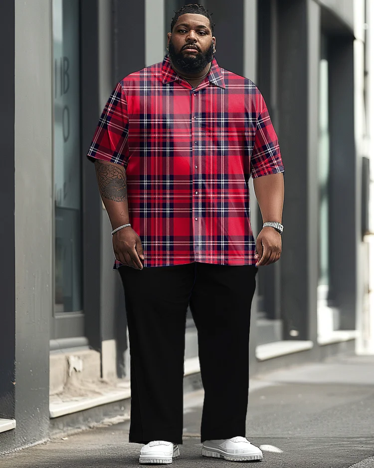 Men's Plus Size Business Classic Red Plaid Short-sleeved Shirt Trousers Suit
