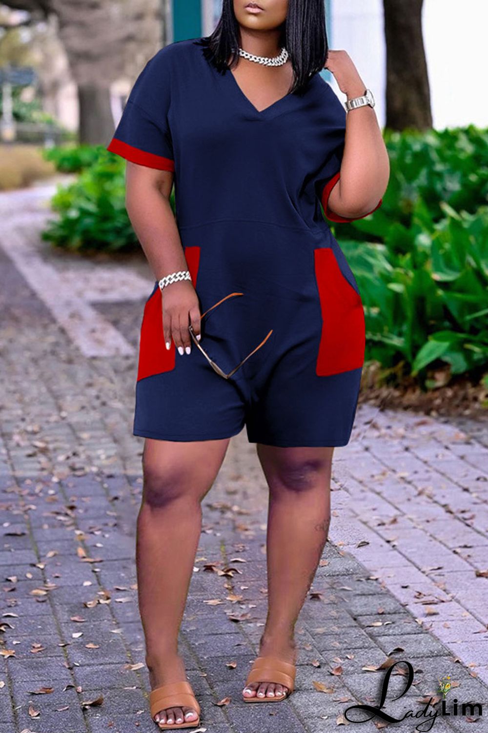 Blue Casual Solid Split Joint Pocket V Neck Plus Size Jumpsuits