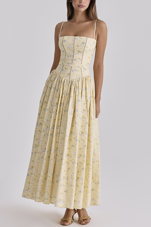 Romantic Countryside Stretch Cotton Blend Floral Print Cutout Trim Slip Midi Dress