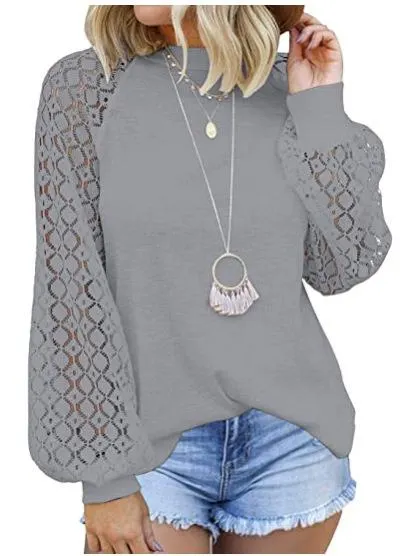 2022 New Solid T Shirt Women Fashion Lace Patchwork O Neck Long Sleeve Streetwear Loose Tops Female Casual Oversized Tee Shirt
