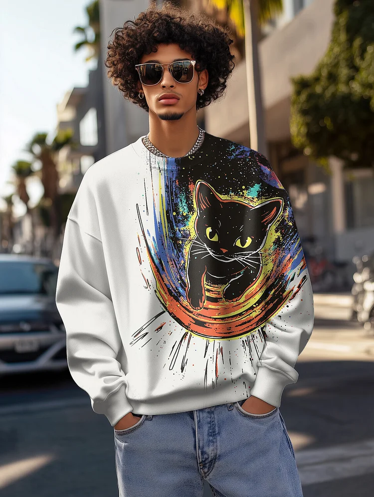 Men's Black Cat Surreal Art Print Casual Sweatshirt