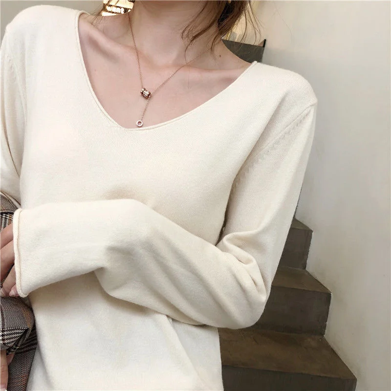 Oversized T Shirt Women Basic Tshirt V neck Korean Clothes Roll Hem Knitted Long sleeve Avocado green Ladies Tops Casual