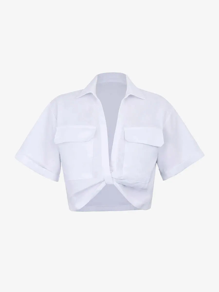 V Neck Rolled Sleeves Cropped Shirt Top