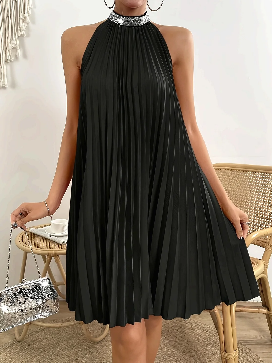 Elegant Black Sequin Halter Neck Pleated Dress - Sleeveless A-Line Midi Dress For Women, Machine Washable, Perfect For Spring & Summer, Cute Dress | IFYHOME