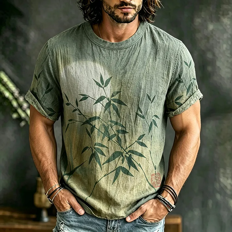 Men's Vintage Bamboo Art Print Casual T-shirt