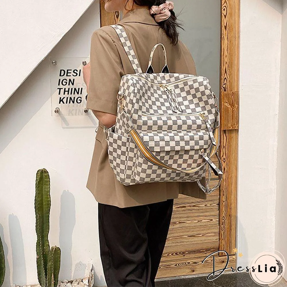 Retro Faux Leather Check Pattern Print Rucksack Vegan Backpack Tote