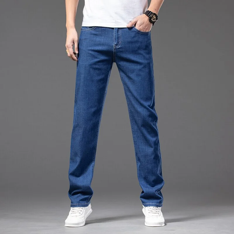 Oocharger Summer New Arrivals Men Casual Classic Blue Jeans Men Straight Elasticthin Comfortable Cotton Business Denim Trousers