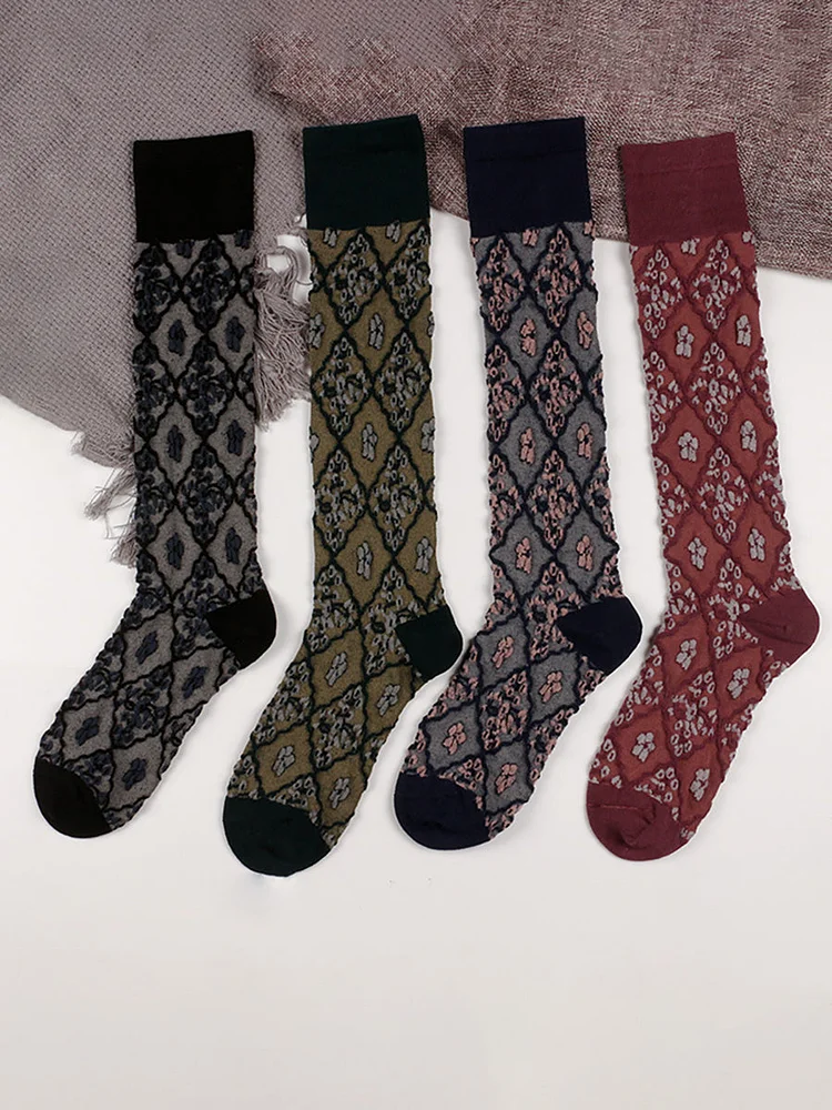 4 Pairs Cotton Vintage Floral Women Long Socks