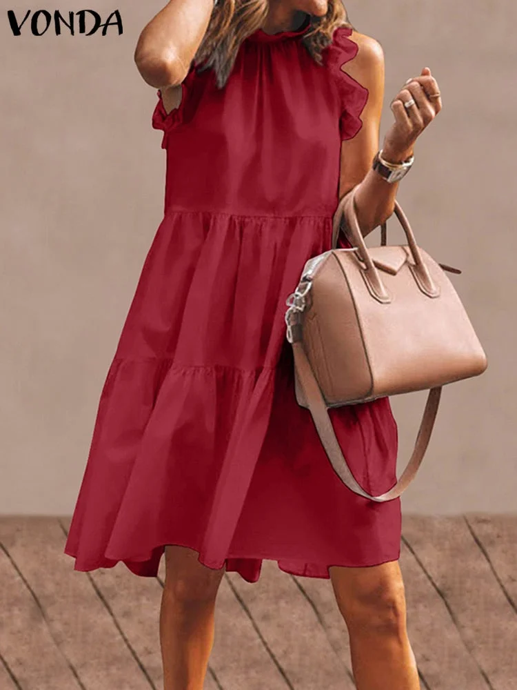 VONDA 2022 Summer Mini Dress Fashion Women Sexy Ruffled Sleeveless Tank Dresses Bohemian Casual Solid Vintage Vestidos Oversized