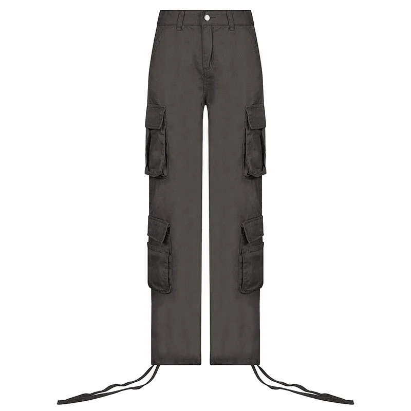 Rapcopter Ruched Big Pockets Cargo Jeans Retro Sporty Low Waisted Trousers Light Brown Fashion Streetwear Denim Joggers Women