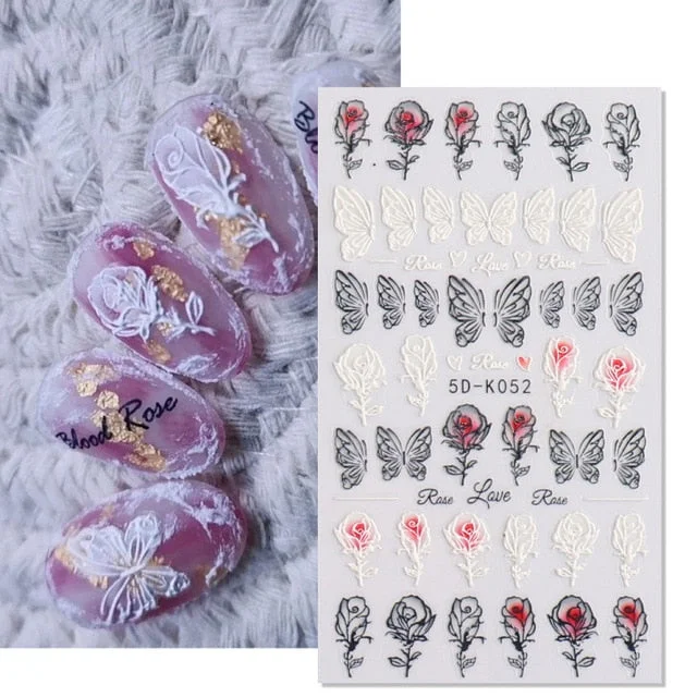 Nail Stickers Embossed 5D Elegant Flowers Butterflys Designs Back Glue Nail Decals Decoration Tips For Beauty Salons-Nail Inspo