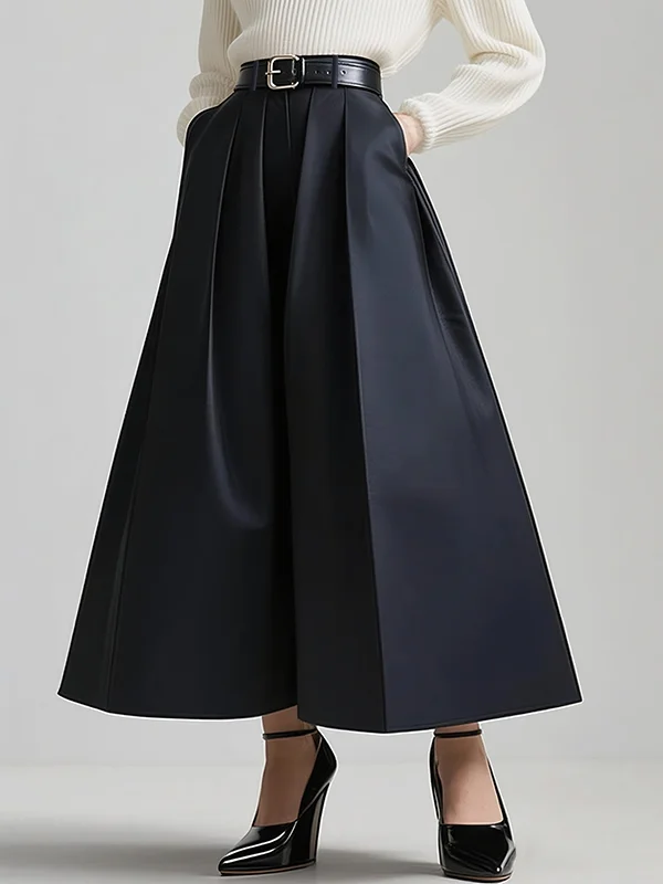 No Belt Pleated Pockets Solid Color Loose Wide Leg Pants Flared Trousers