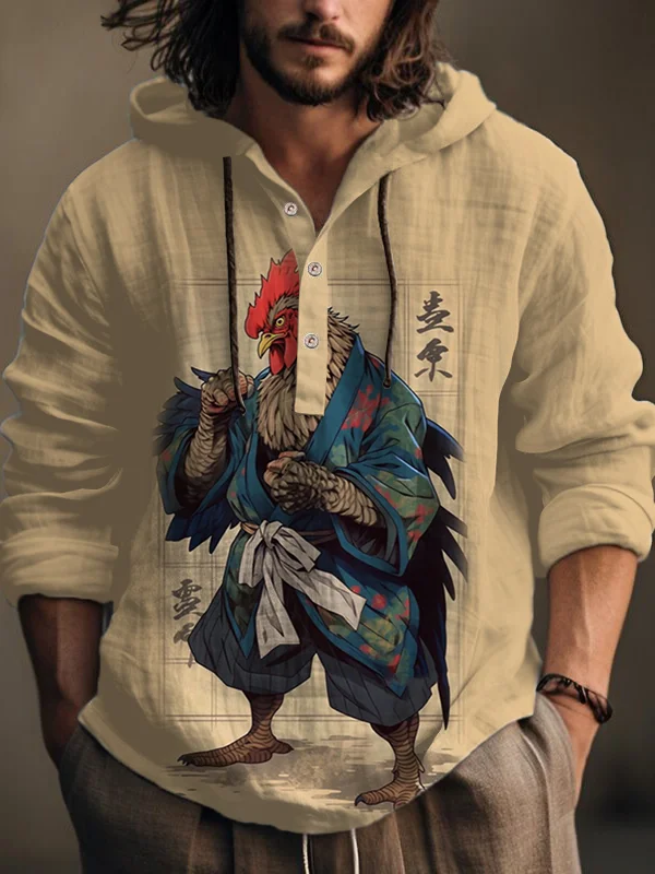 Men's Retro Japanese Chicken Samurai Print Hooded Shirt