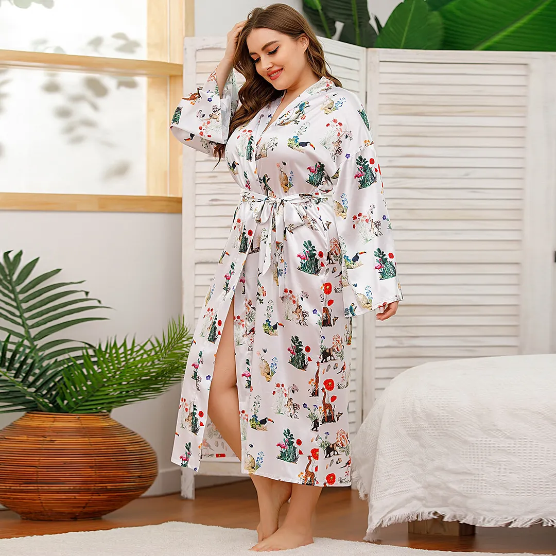 Sdrawing Sdrawing Lady Nightglove Color Lacette Simulation Silk Printing Fat Home Clothes Long-Sleeved Bathrobe Woman