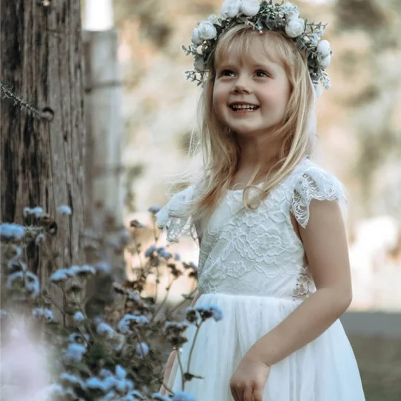 Ankle Length Lace Top Tulle Skirt Flower Girl Dresses For Wedding 