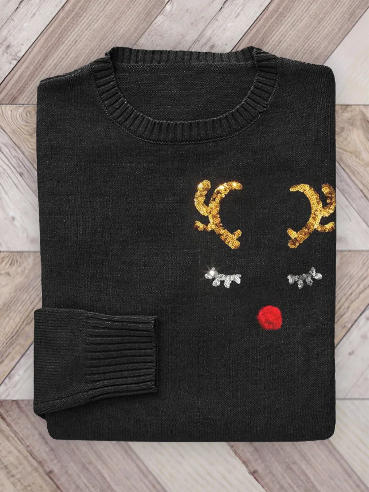 Comstylish Lovely Christmas Reindeer Face Sequin Cozy Knit Sweater