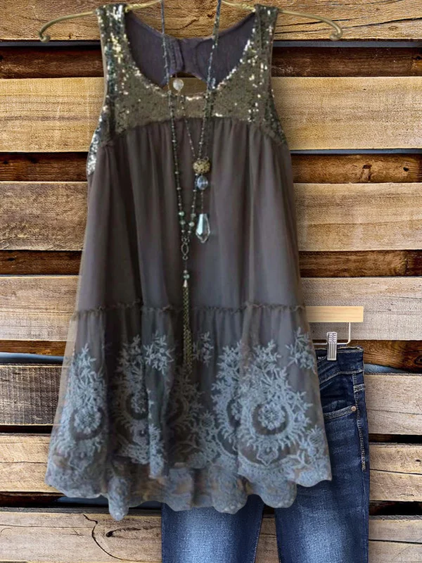 Vintage Sequin Panel Lace Vest Top