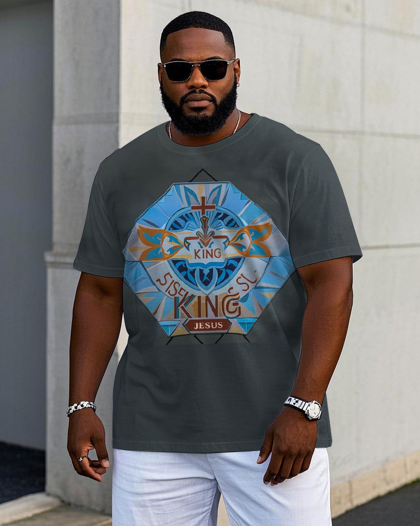 Men's Casual Fashion Retro Totem KING JESUS Printed Short Sleeve T-shirts