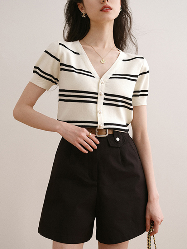 Black And White Striped V Neck Short Sleeve Button Top