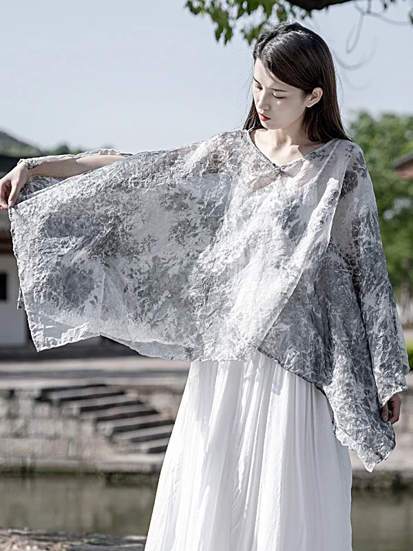 Minimalist Tie-Dyed Sun Protection Thin Batwing Sleeves Tunic Top
