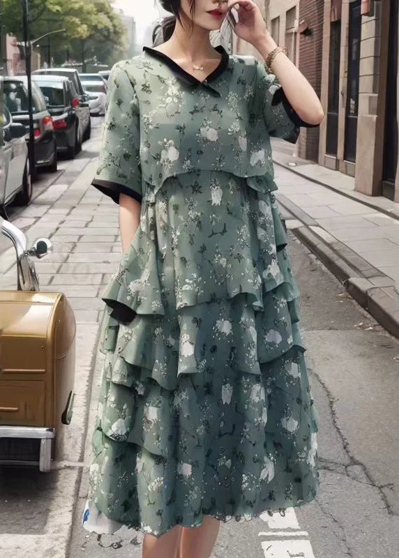 Slim Fit Green V Neck Patchwork Print Silk Maxi Pleated Dresses Summer