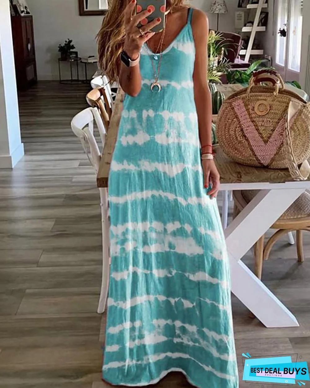 Women's Strap Dress Maxi Long Dress - Sleeveless Tie Dye Summer Hot Casual Beach Blue Purple Blushing Pink Wine Khaki Gray Light Blue