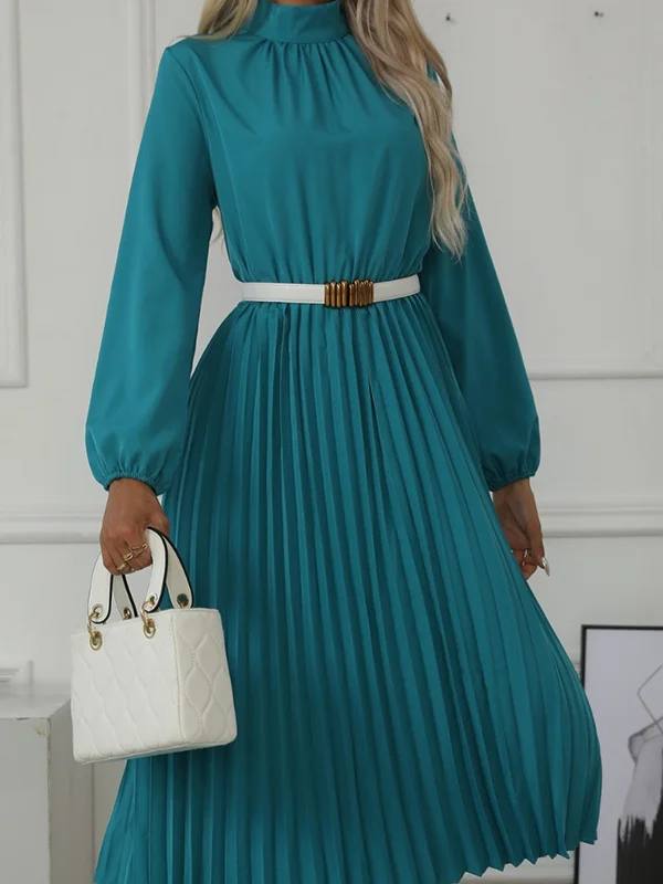 Long Sleeves Loose Buttoned Elasticity Hollow No Belt Pleated Solid Color High Neck Midi Dresses
