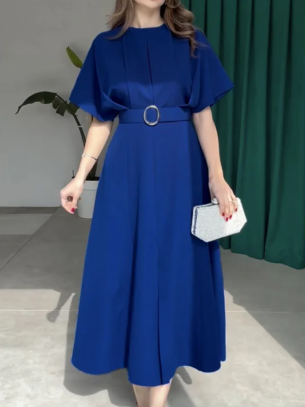 Pleated Split-front Split-Joint Tied Waist Loose Raglan Sleeve Round-neck Maxi Dresses