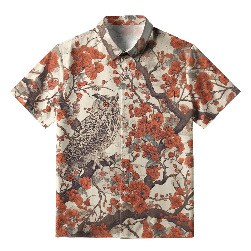 Owl And Plum Blossom Button-up Shirt  artssus