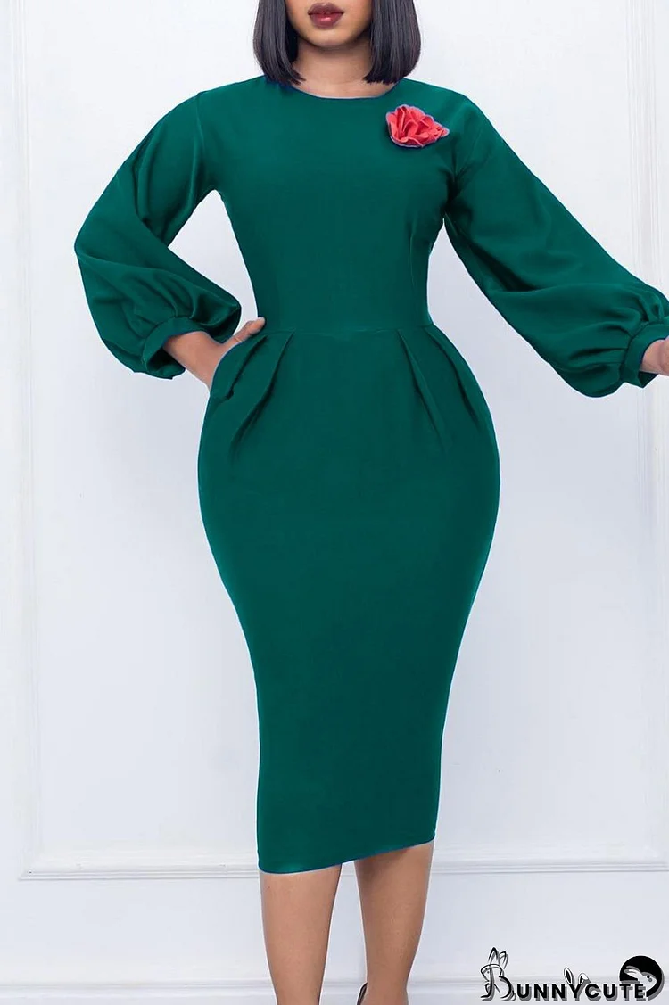 Green Casual Solid Patchwork O Neck Long Sleeve Dresses