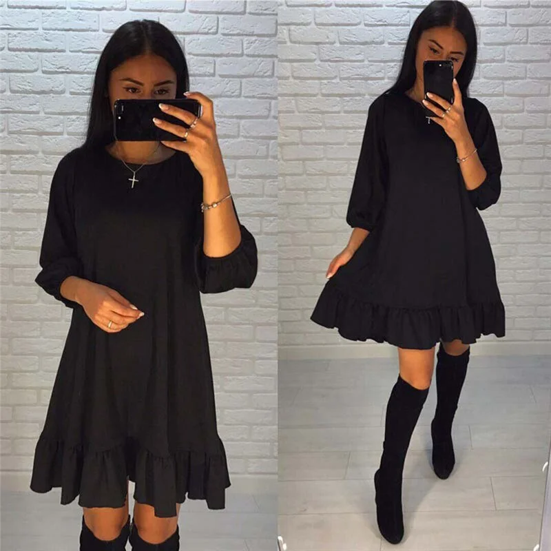 New Loose Flounce Dress Lantern Sleeve Round Neck Long Sleeve Dress Summer Women Beach Dress Casual Club Dress