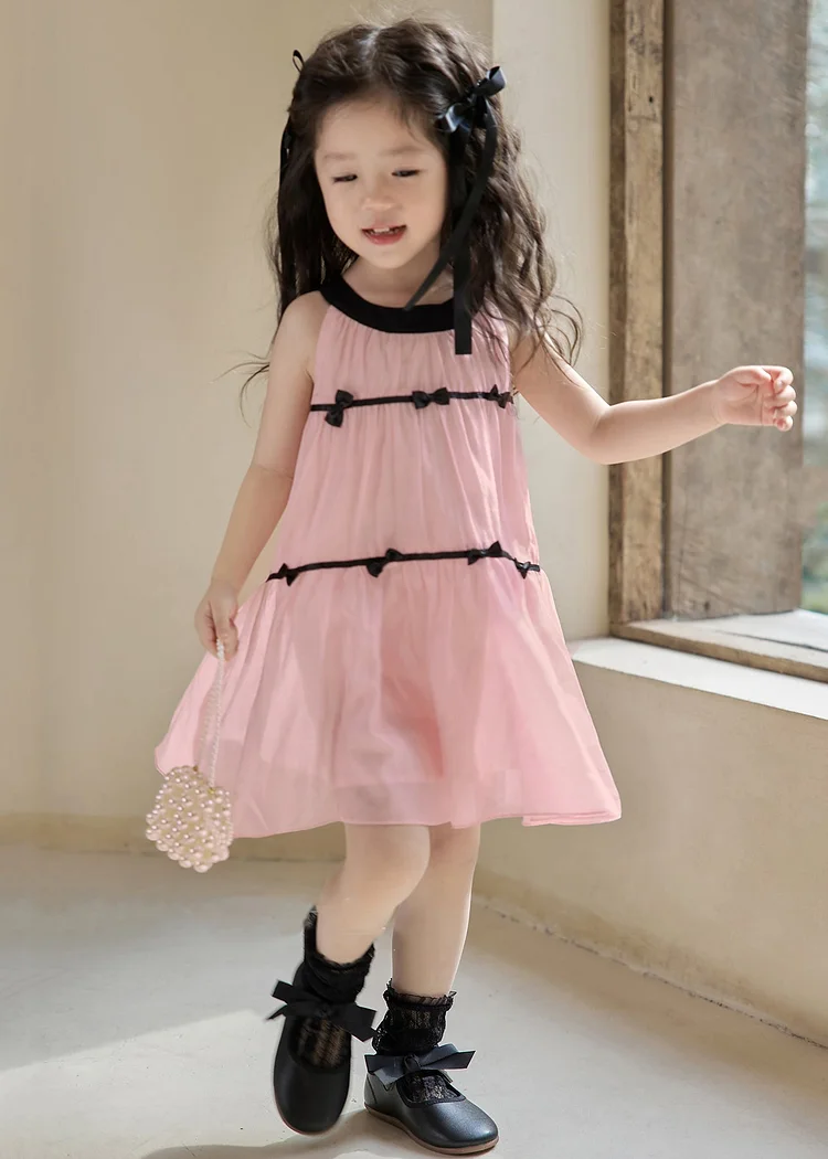 Elegant Pink O Neck Bow Cotton Girls Dresses Sleeveless
