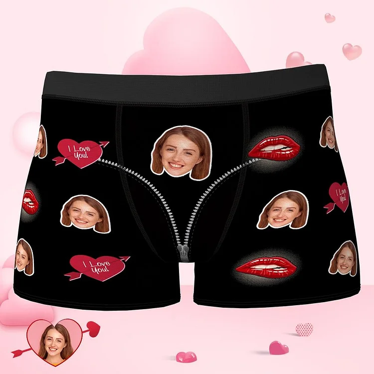 Custom Face Boxer Heart and Lip Print Funny Shorts Valentine's Day Gifts