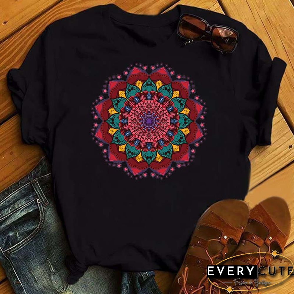 Maycaur New Mandala Floral Printed T Shirt Women Casual Fashion T-shirt Loose Short Sleeve 90s Girls Aesthetics Black Tshirt Top