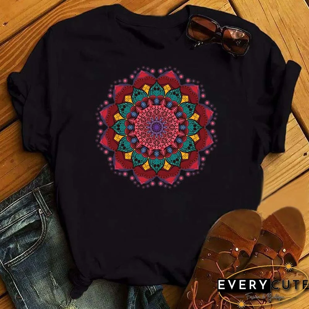 Maycaur New Mandala Floral Printed T Shirt Women Casual Fashion T-shirt Loose Short Sleeve 90s Girls Aesthetics Black Tshirt Top