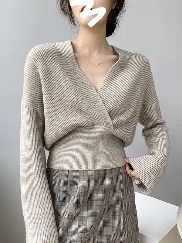 Stylish 6 Colors Knitting V-Neck Asymmetric Sweater